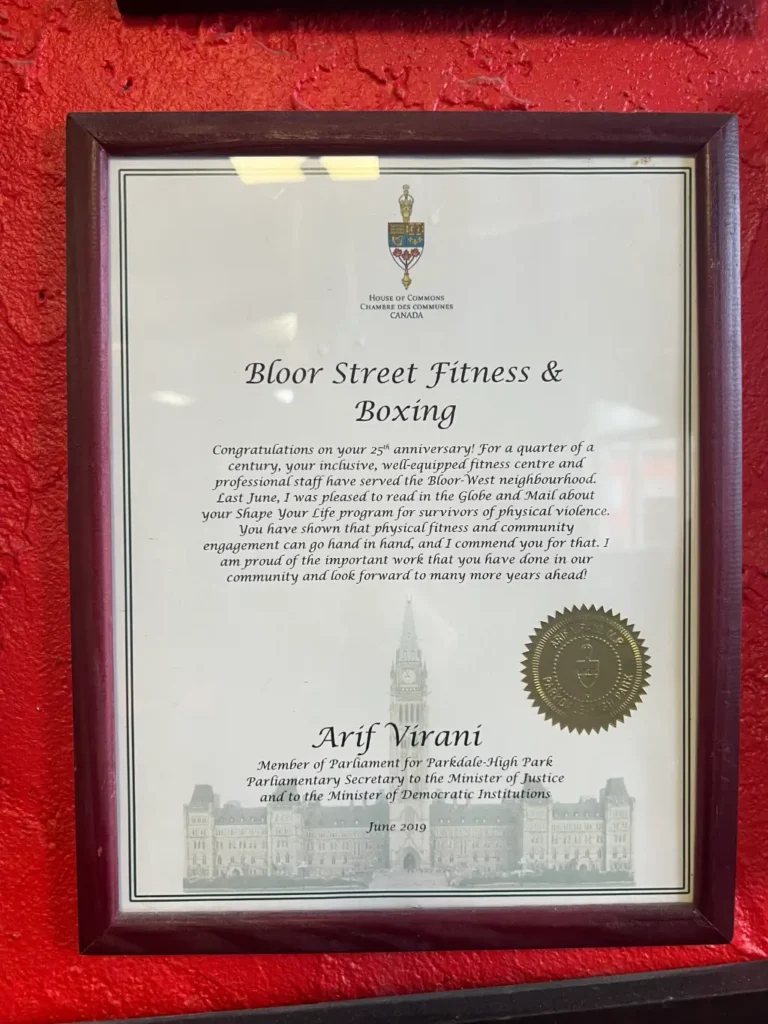 BSF Toronto Achievements 11 Bloor Street Fitness & Boxing 25th anniversary recognition from House of Commons Canada 2019
